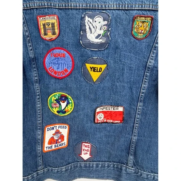 Vintage Denim Trucker Jacket Custom Mens Medium Patchwork One of a Kind - Picture 6 of 11
